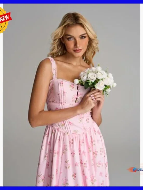 Summer Corset Midi Dress Floral Lace Smocked Flowy A-Line with Pockets - Picture 4 of 7